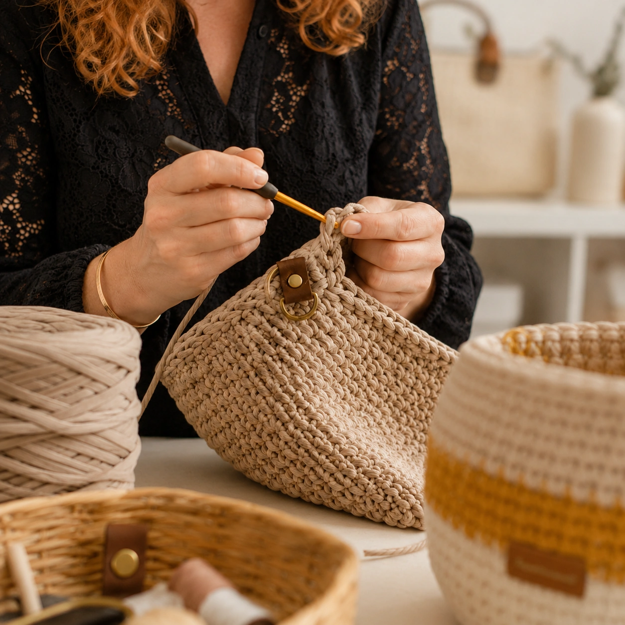 Handarbeit in der Werkstatt – eine Tasche wird von Hand gehäkelt